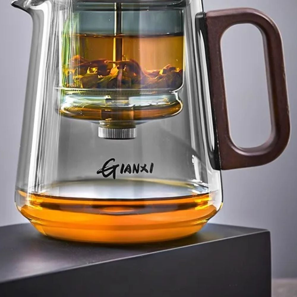 Théière en verre avec filtre amovible anse en noyer