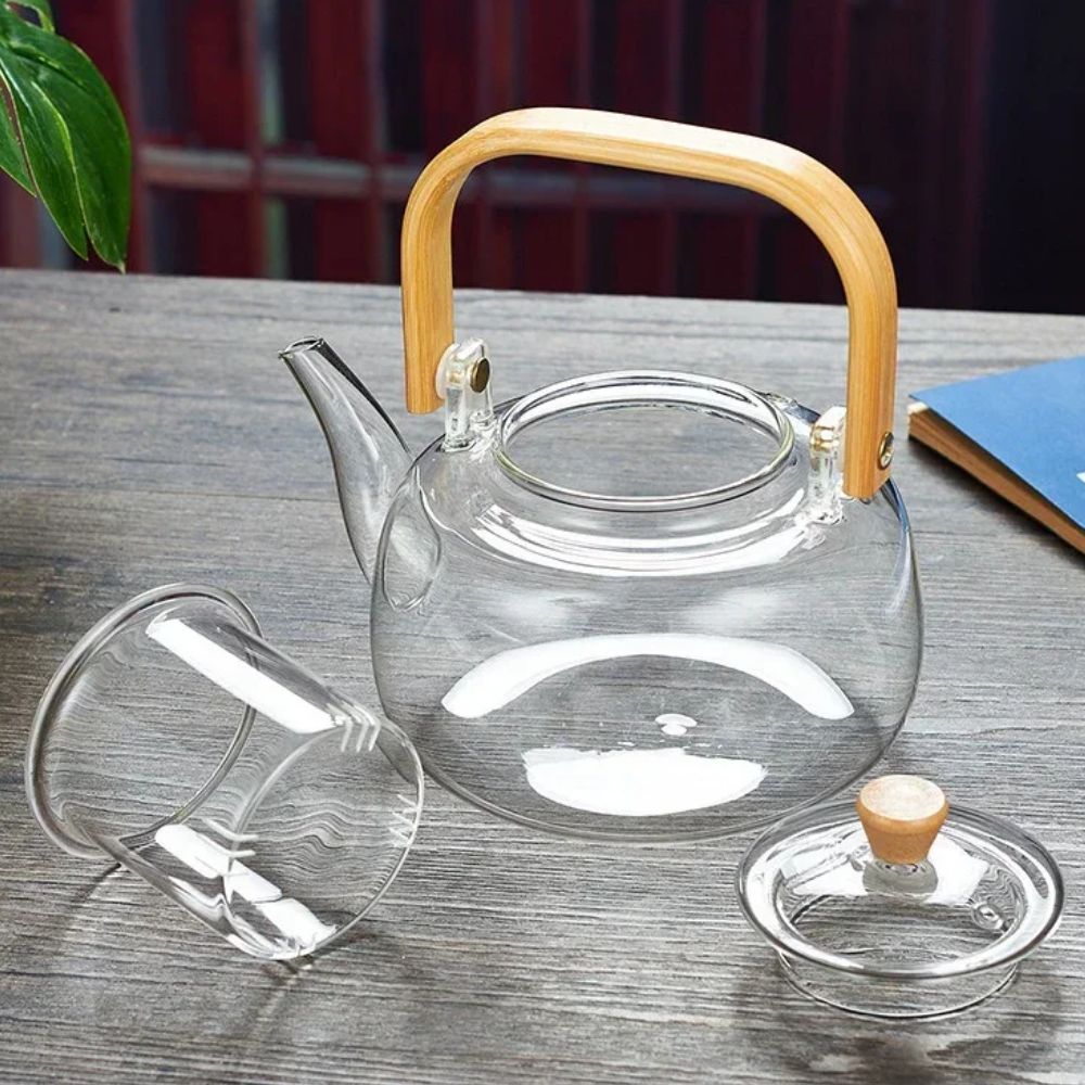 Théière en verre poignée bois filtre intégré