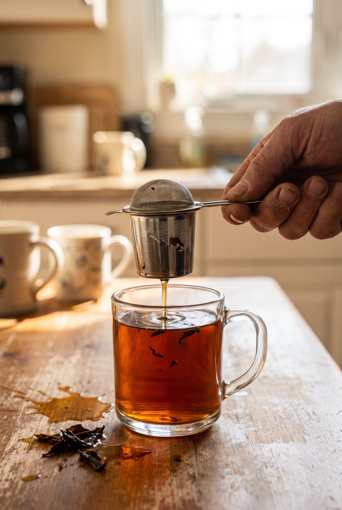 Une boule à thé qui goutte, avec des feuilles échappées dans la tasse