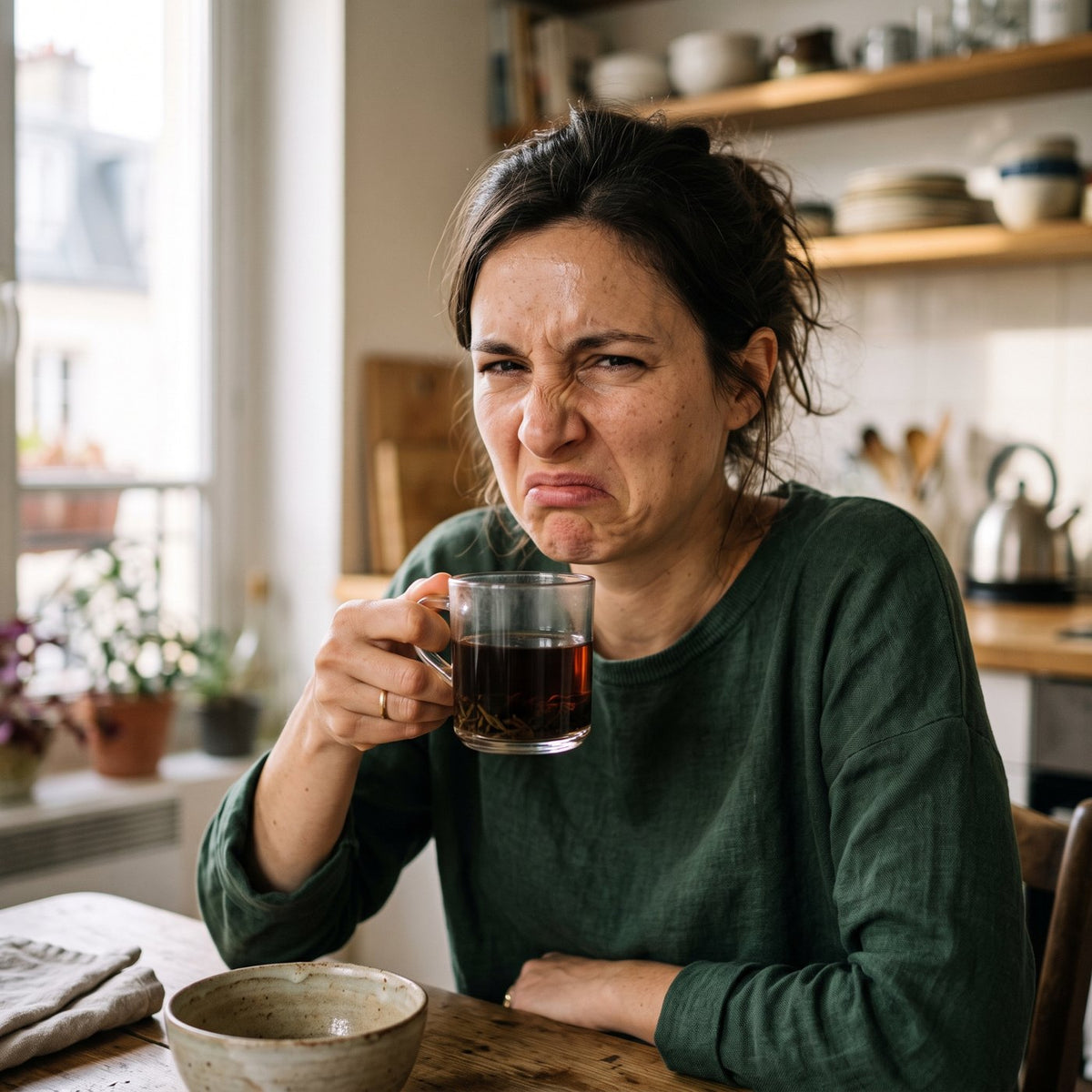 Une femme grimace en goûtant un thé trop infusé