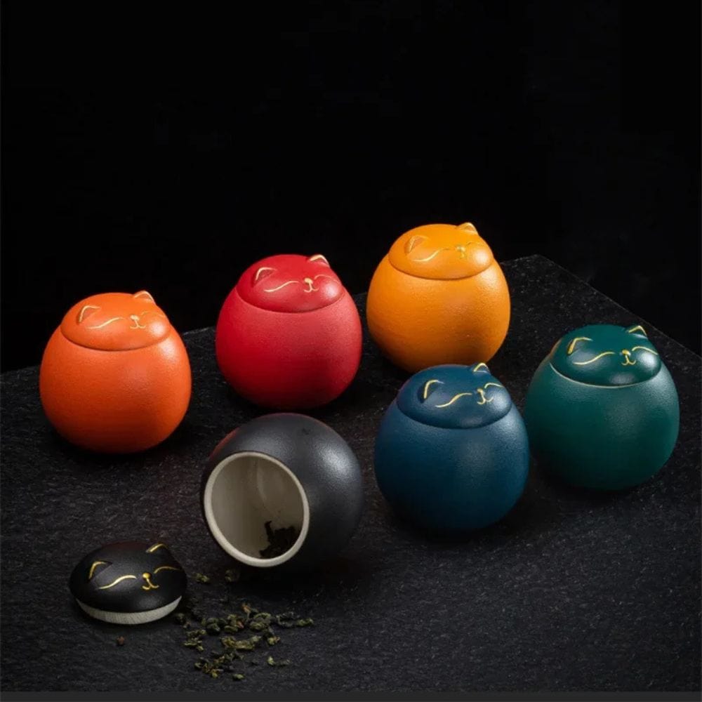 Boîte à thé céramique chat porte-bonheur peint à la main (230 ml)