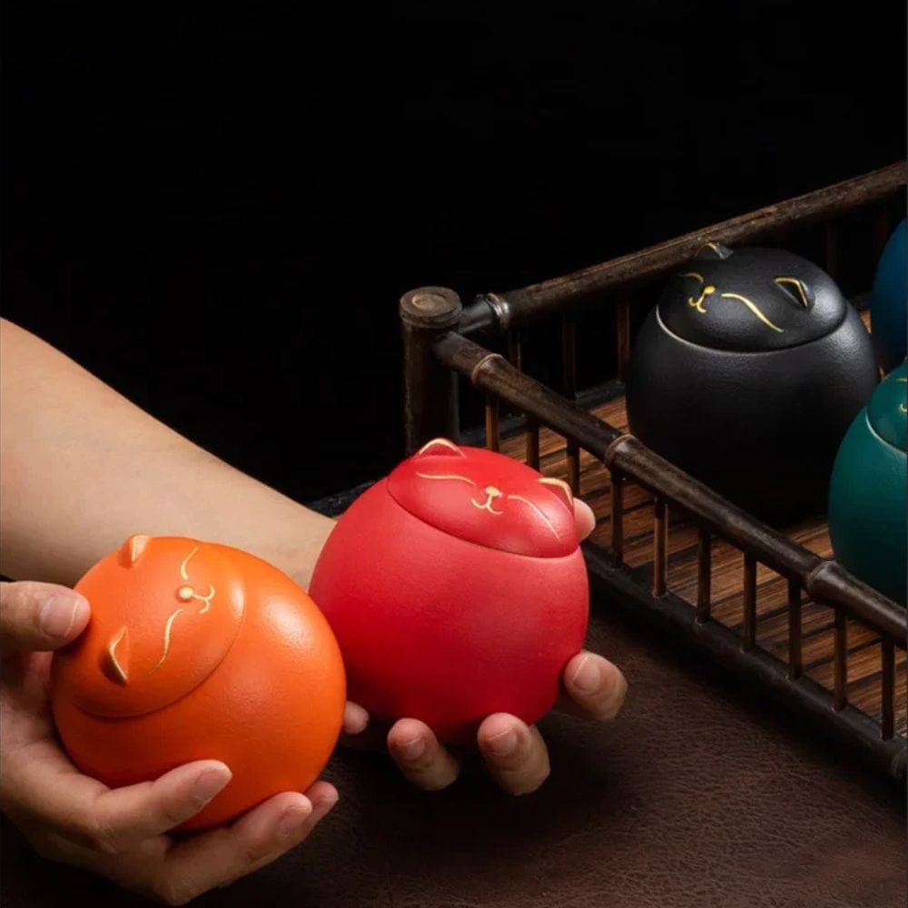 Boîte à thé céramique chat porte-bonheur peint à la main (230 ml)