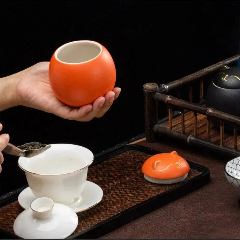 Boîte à thé céramique chat porte-bonheur peint à la main (230 ml)