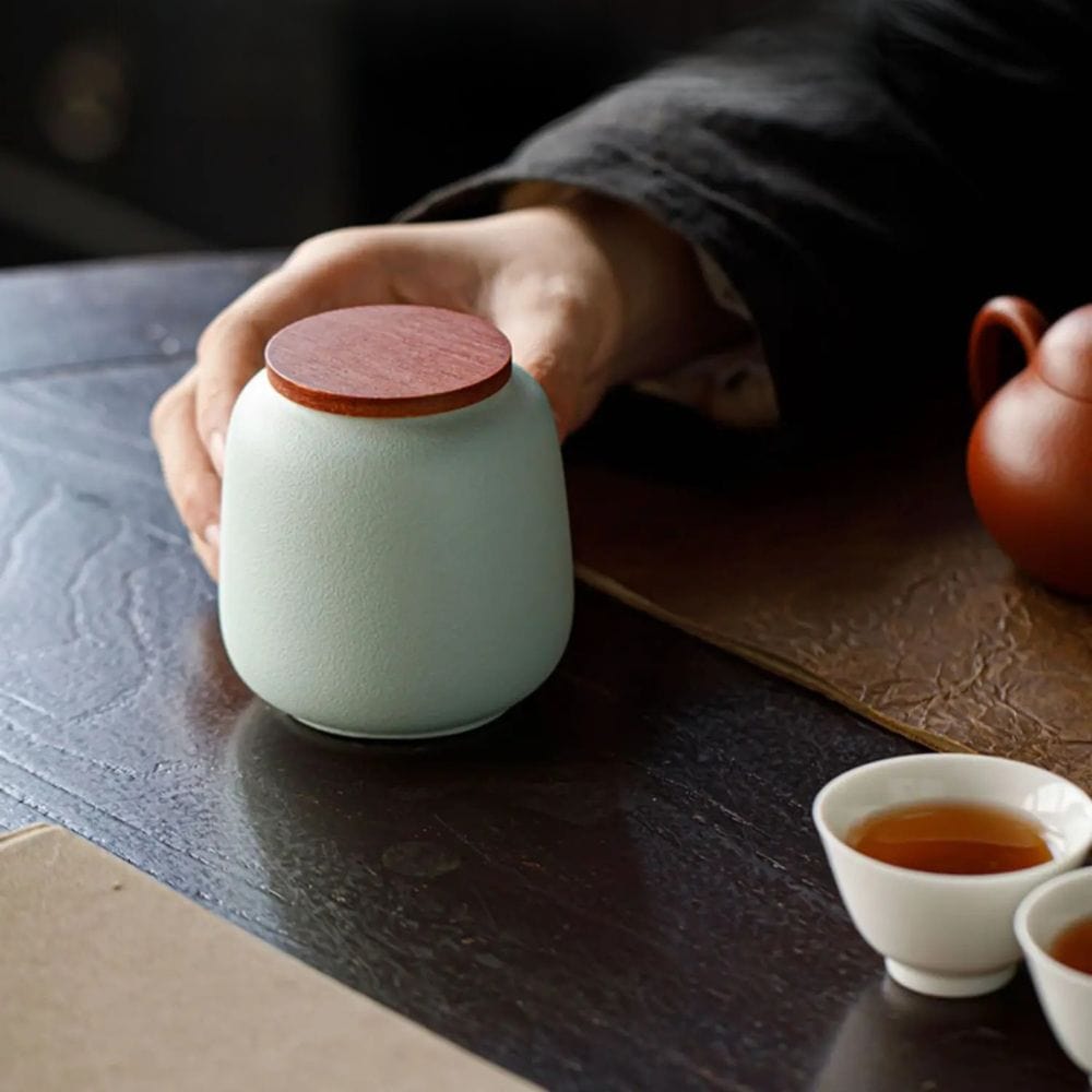 Boîte à thé en céramique avec couvercle bois petit format