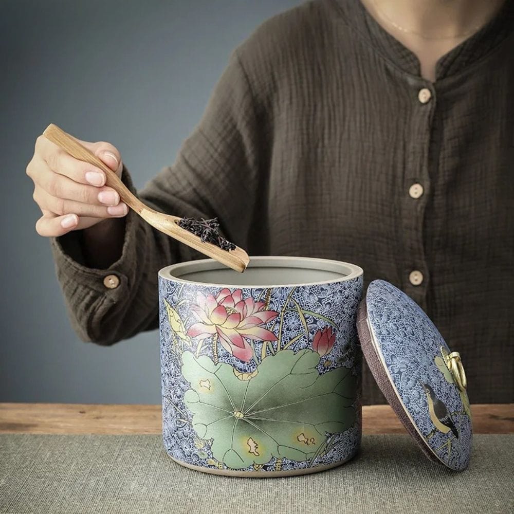 Boîte à thé en céramique style chinois pot de conservation avec couvercle