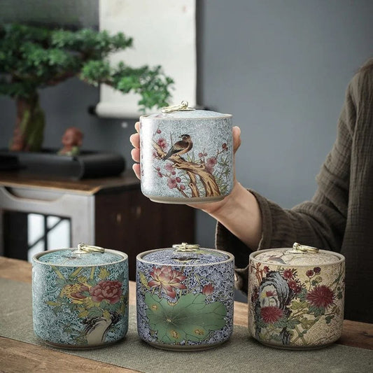 Boîte à thé en céramique style chinois pot de conservation avec couvercle