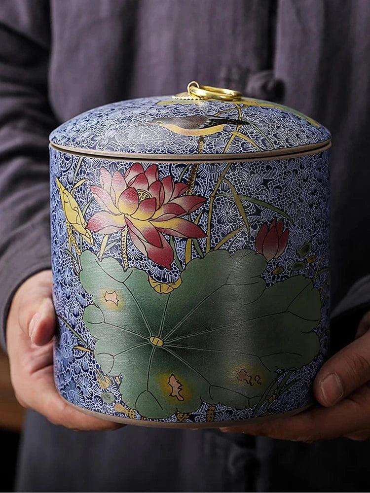 Boîte à thé en céramique style chinois pot de conservation avec couvercle