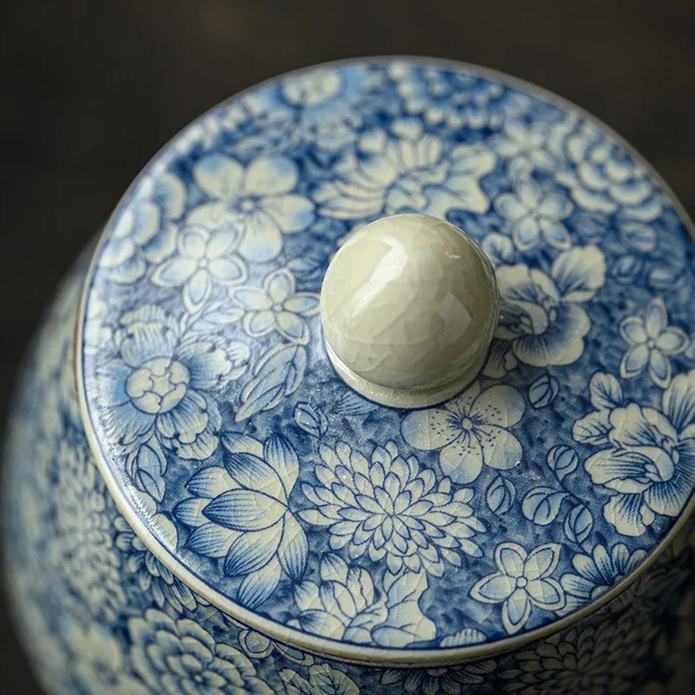 Boîte à thé en porcelaine craquelée style vintage bleu & blanc