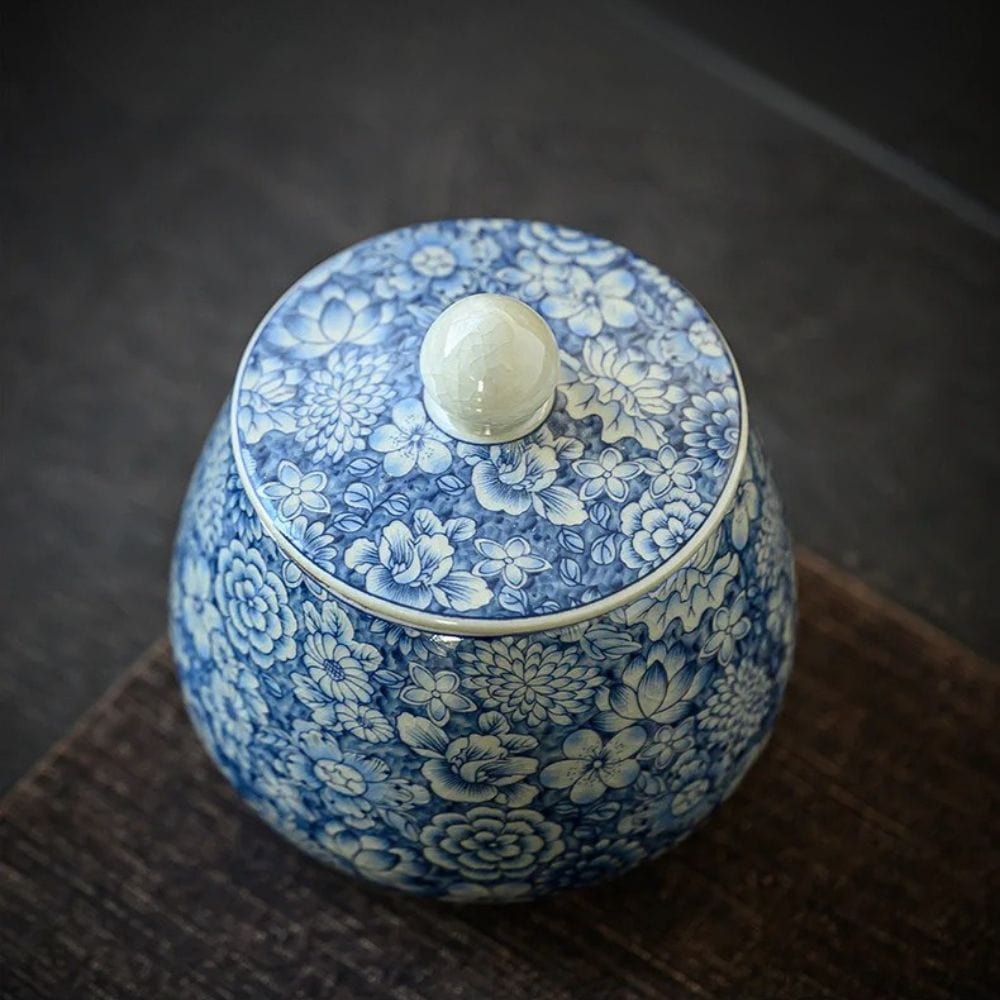 Boîte à thé en porcelaine craquelée style vintage bleu & blanc