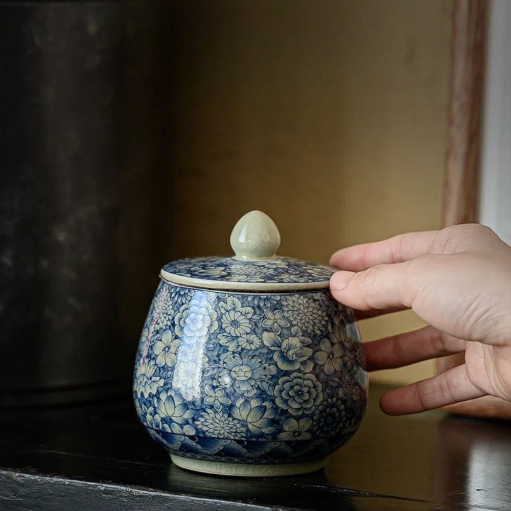 Boîte à thé en porcelaine craquelée style vintage bleu & blanc