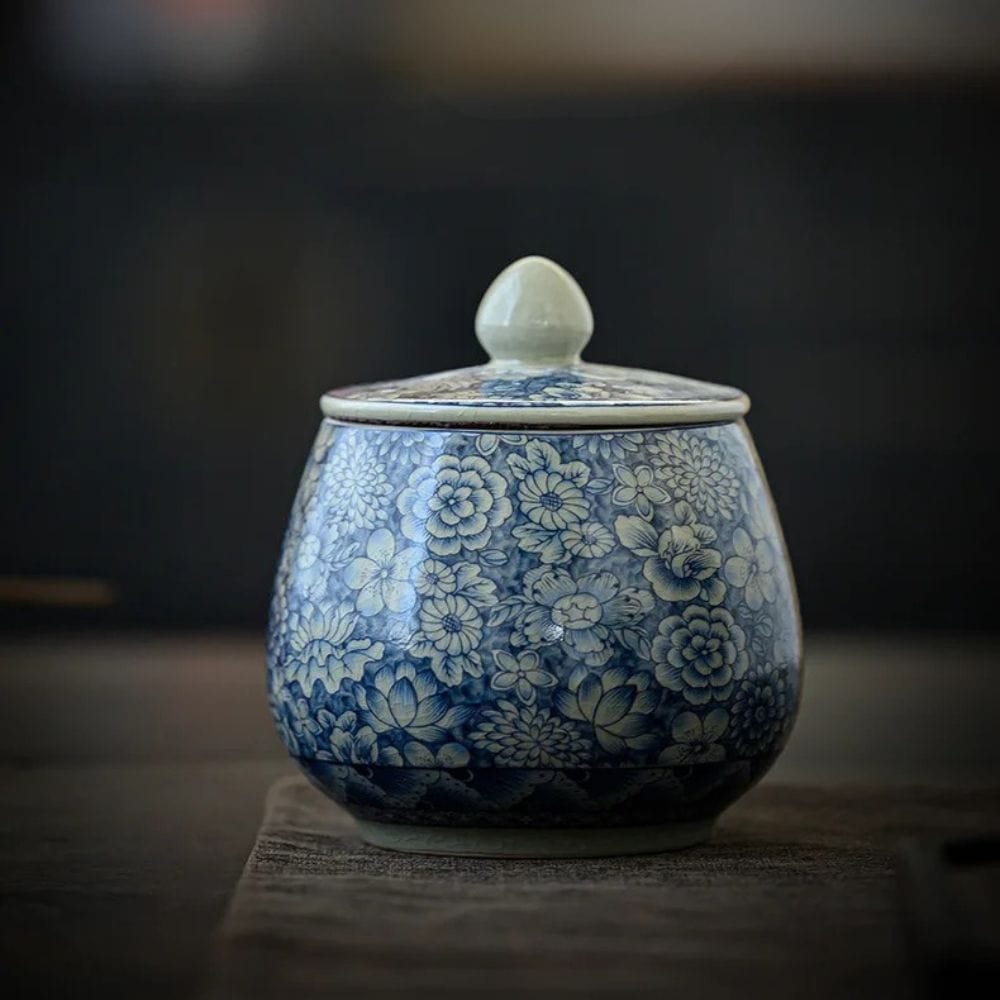 Boîte à thé en porcelaine craquelée style vintage bleu & blanc