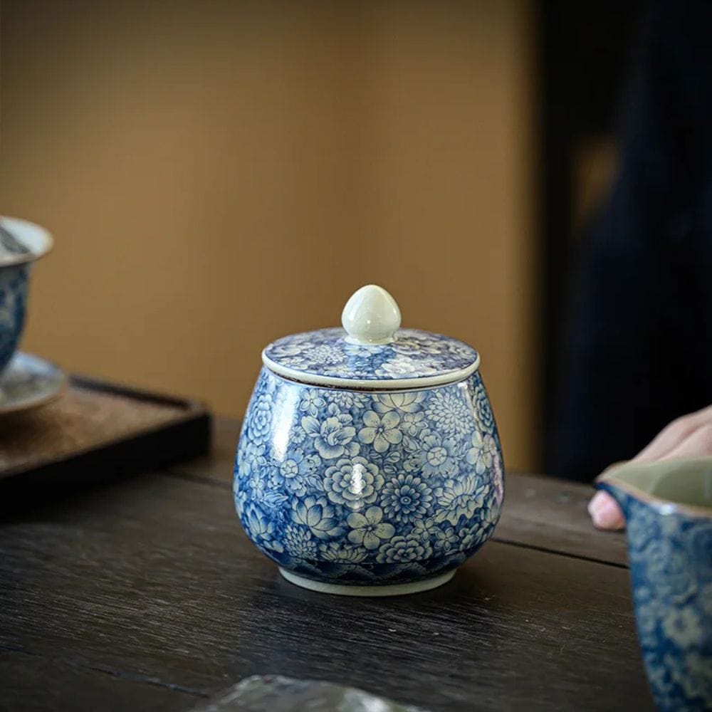 Boîte à thé en porcelaine craquelée style vintage bleu & blanc