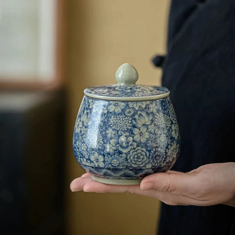 Boîte à thé en porcelaine craquelée style vintage bleu & blanc