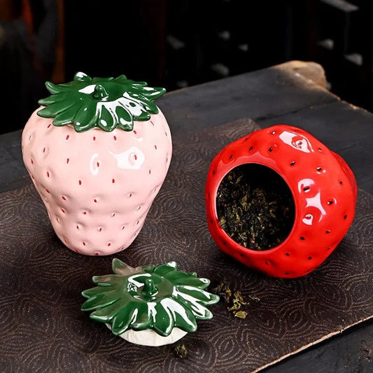 Boîte à thé fraise en céramique mini pot hermétique décoratif