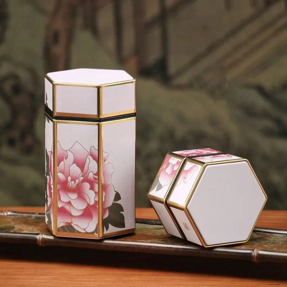 Boîte à thé hexagonale en métal format compact ou haut
