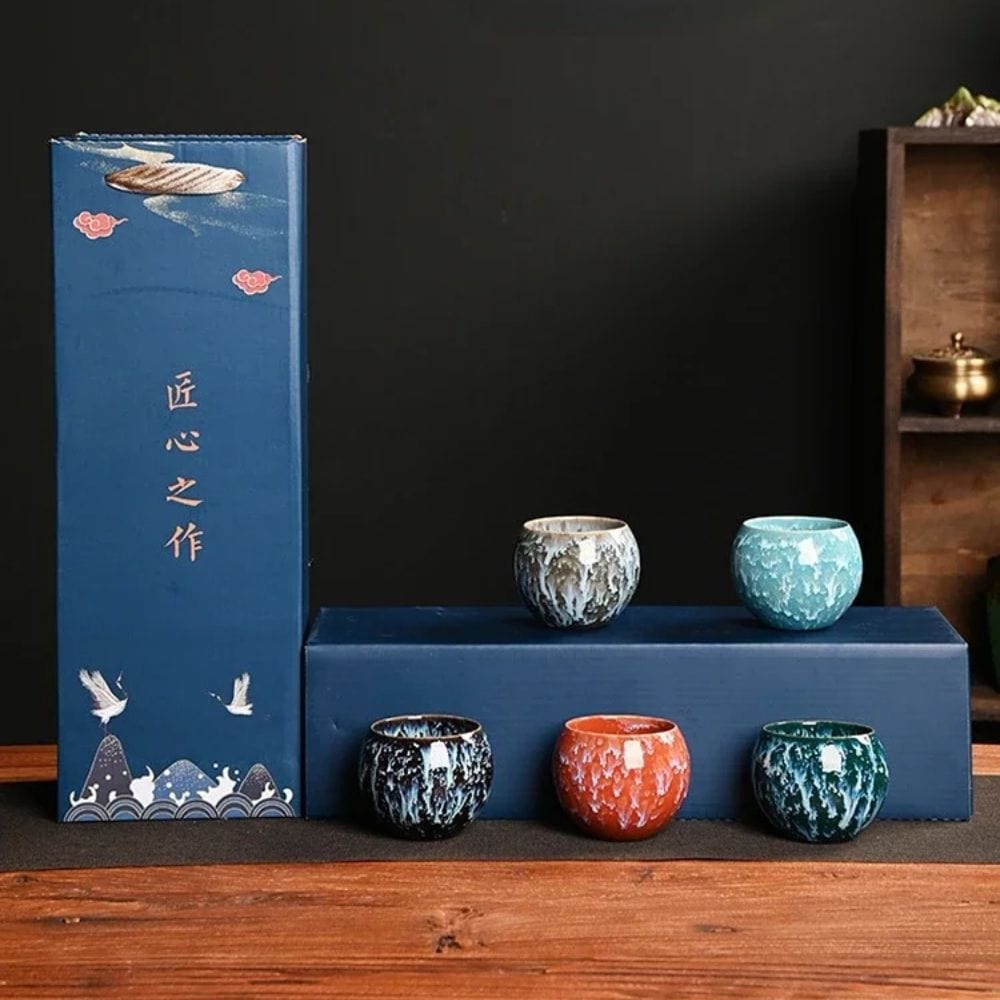 Coffret 5 tasses à thé artisanales en céramique (150 ml)
