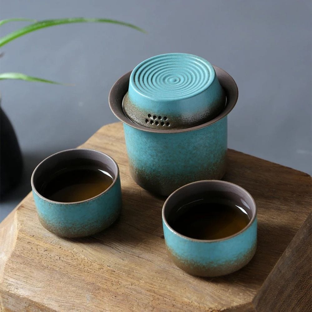 Service à thé céramique vintage 1 théière 4 tasses & boîte à thé