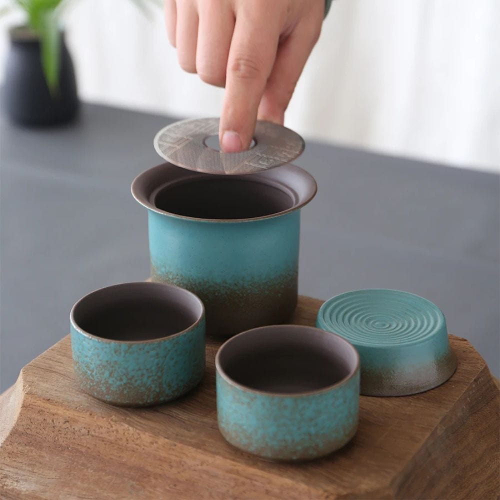 Service à thé céramique vintage 1 théière 4 tasses & boîte à thé