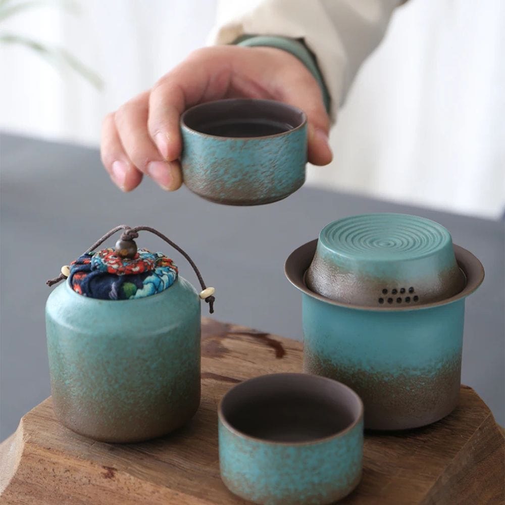 Service à thé céramique vintage 1 théière 4 tasses & boîte à thé