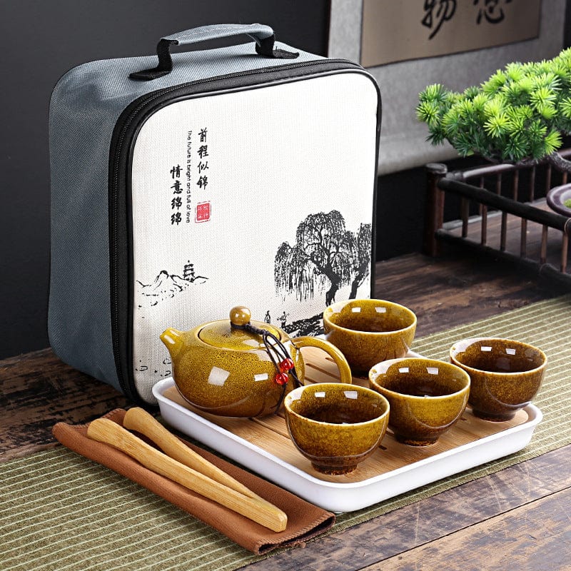 Service à thé chinois en porcelaine Set portable avec 4 tasses & sac de transport
