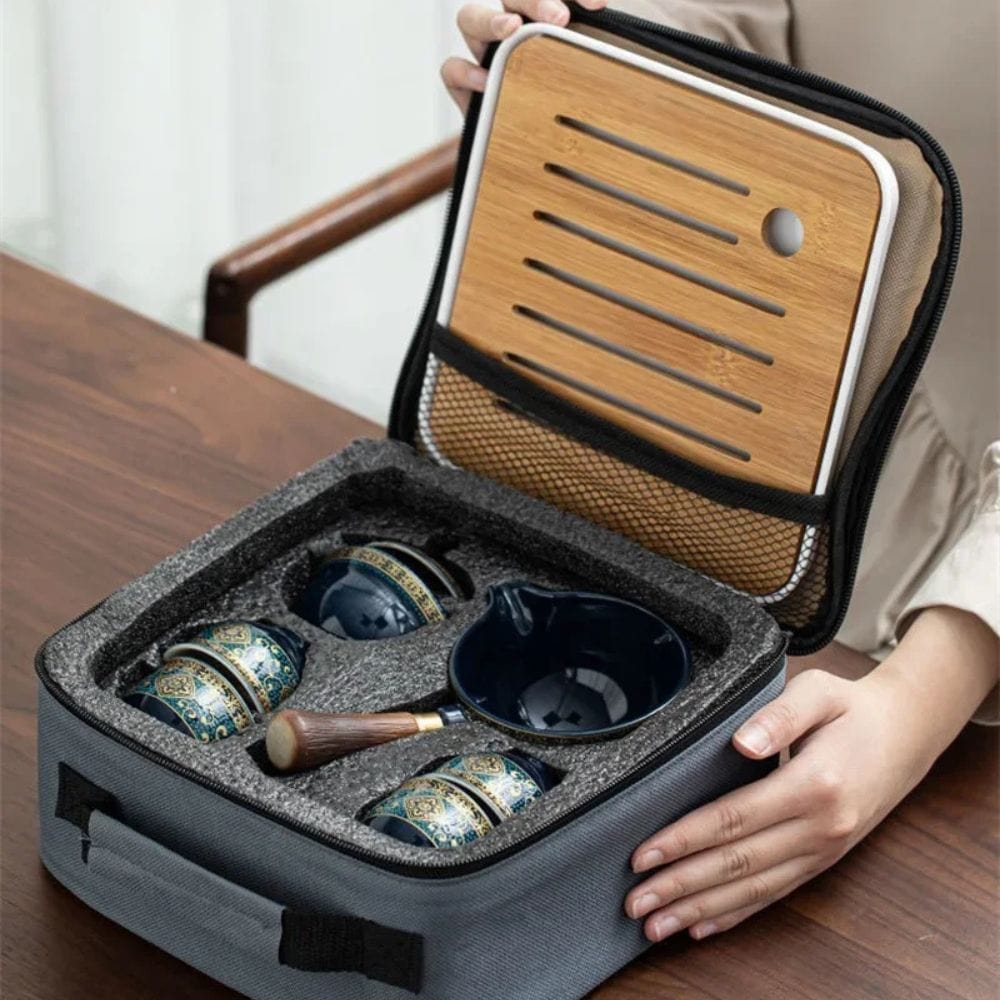 Service à thé Gongfu en porcelaine théière rotative 360° & sac de transport