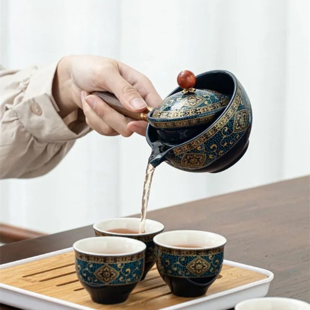 Service à thé Gongfu en porcelaine théière rotative 360° & sac de transport