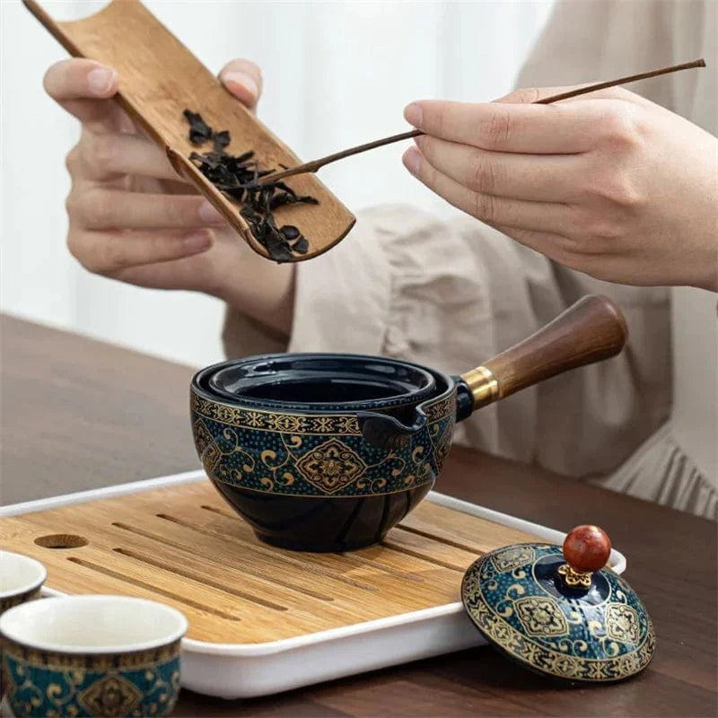 Service à thé Gongfu en porcelaine théière rotative 360° & sac de transport