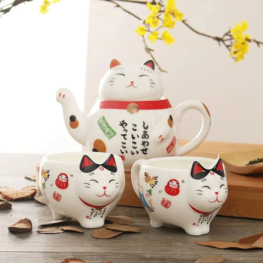 Service à thé japonais Maneki Neko Théière et 2 tasses en porcelaine