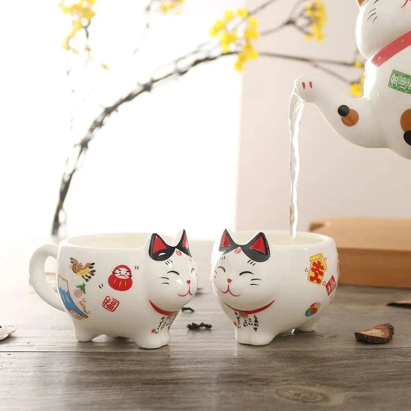 Service à thé japonais Maneki Neko Théière et 2 tasses en porcelaine