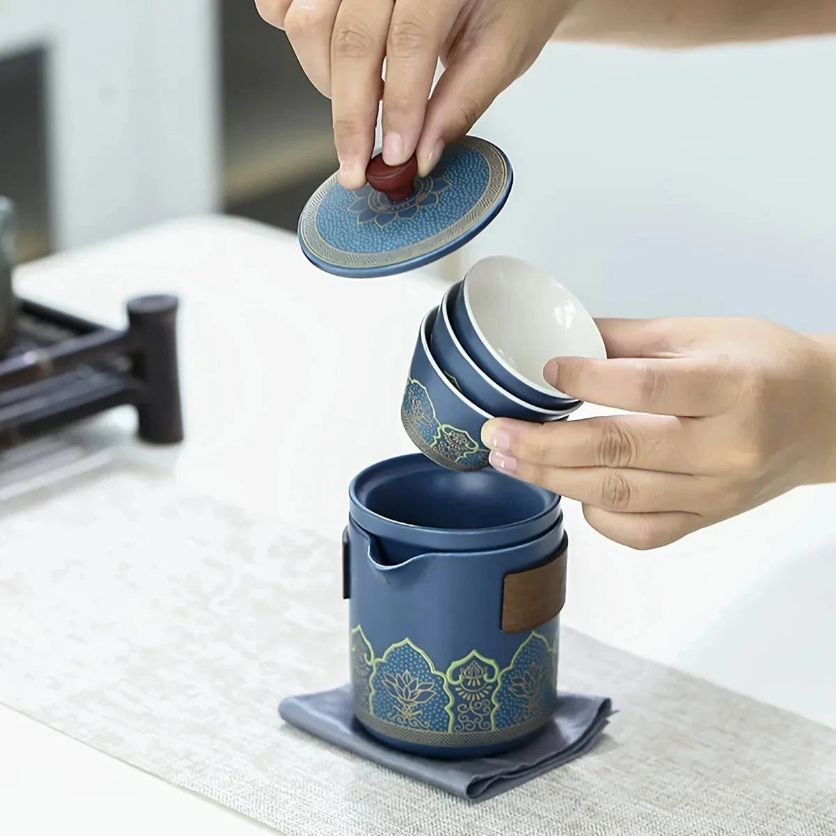 Service à thé nomade en céramique set de voyage 3 pièces avec sac