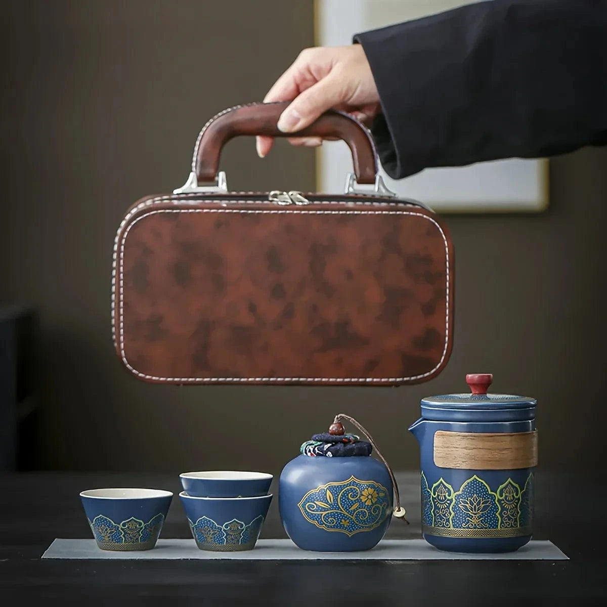 Service à thé nomade en céramique set de voyage 3 pièces avec sac