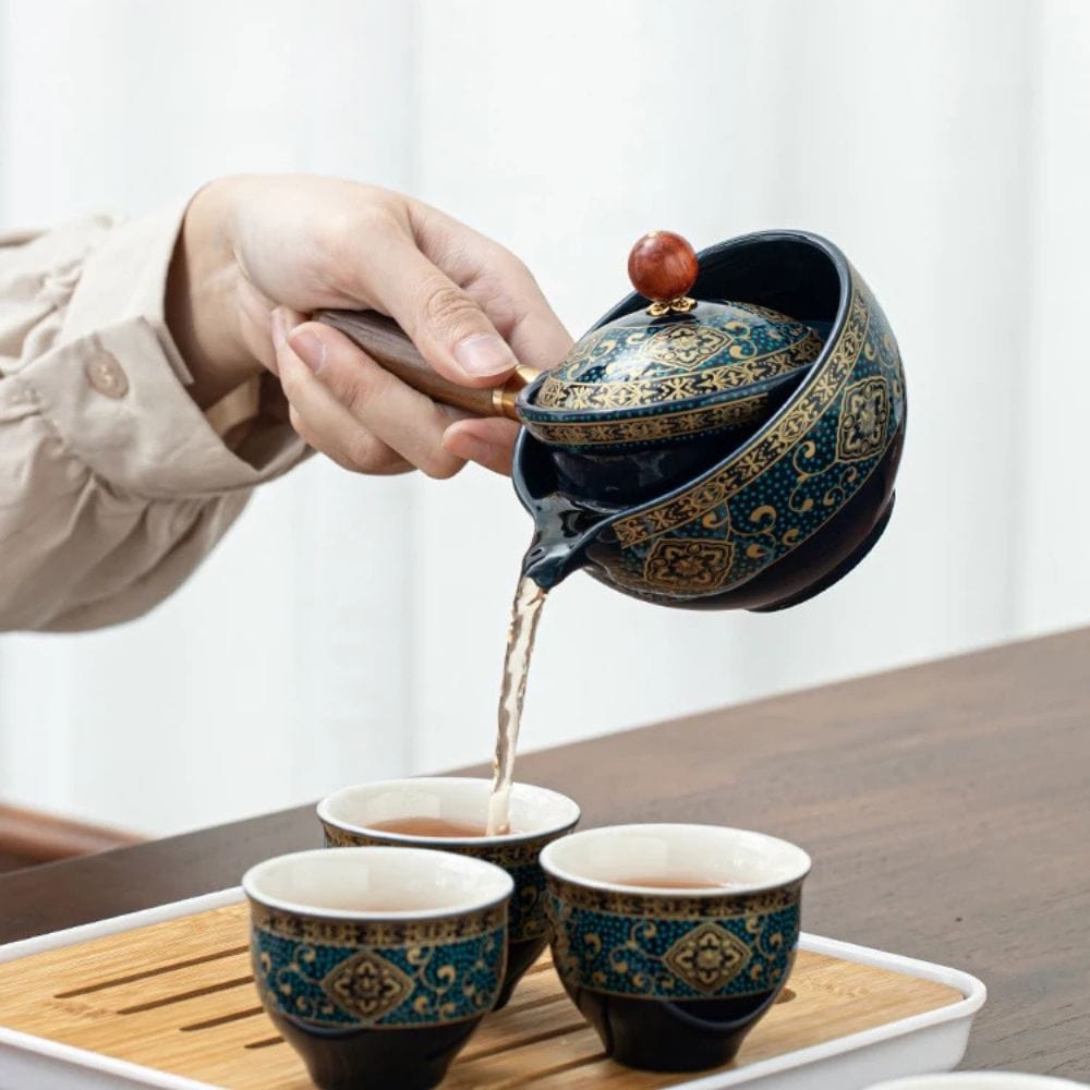 Service à thé rotatif en porcelaine théière & 4 tasses avec plateau