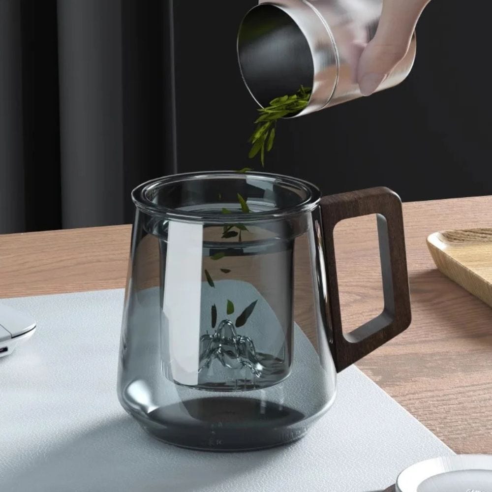 Tasse à thé 525 ml en verre borosilicate anse bois & filtre intégré