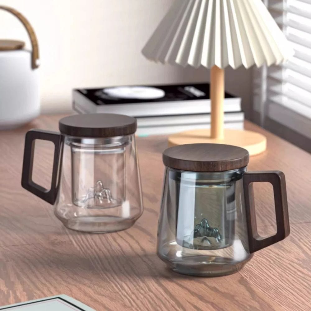 Tasse à thé 525 ml en verre borosilicate anse bois & filtre intégré