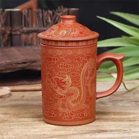 Tasse à thé artisanal en argile pourpre avec couvercle & infuseur 360 ml