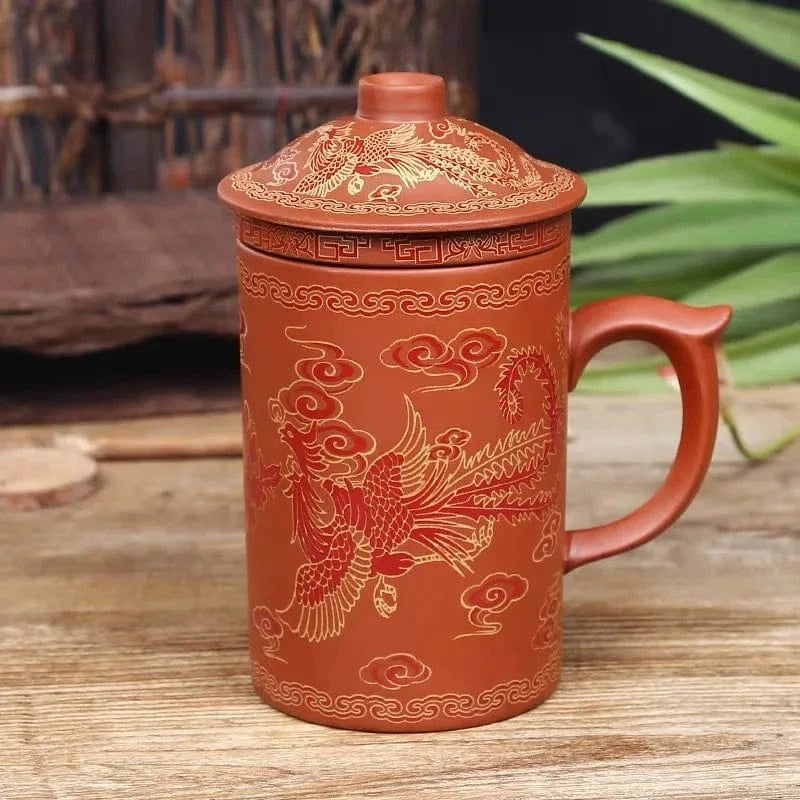 Tasse à thé artisanal en argile pourpre avec couvercle & infuseur 360 ml