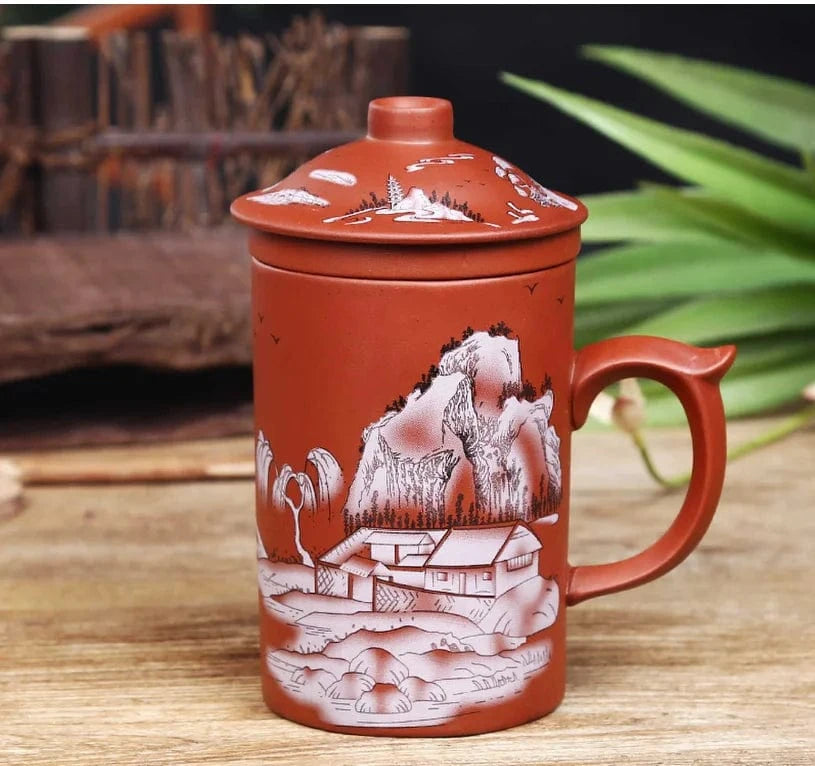 Tasse à thé artisanal en argile pourpre avec couvercle & infuseur 360 ml