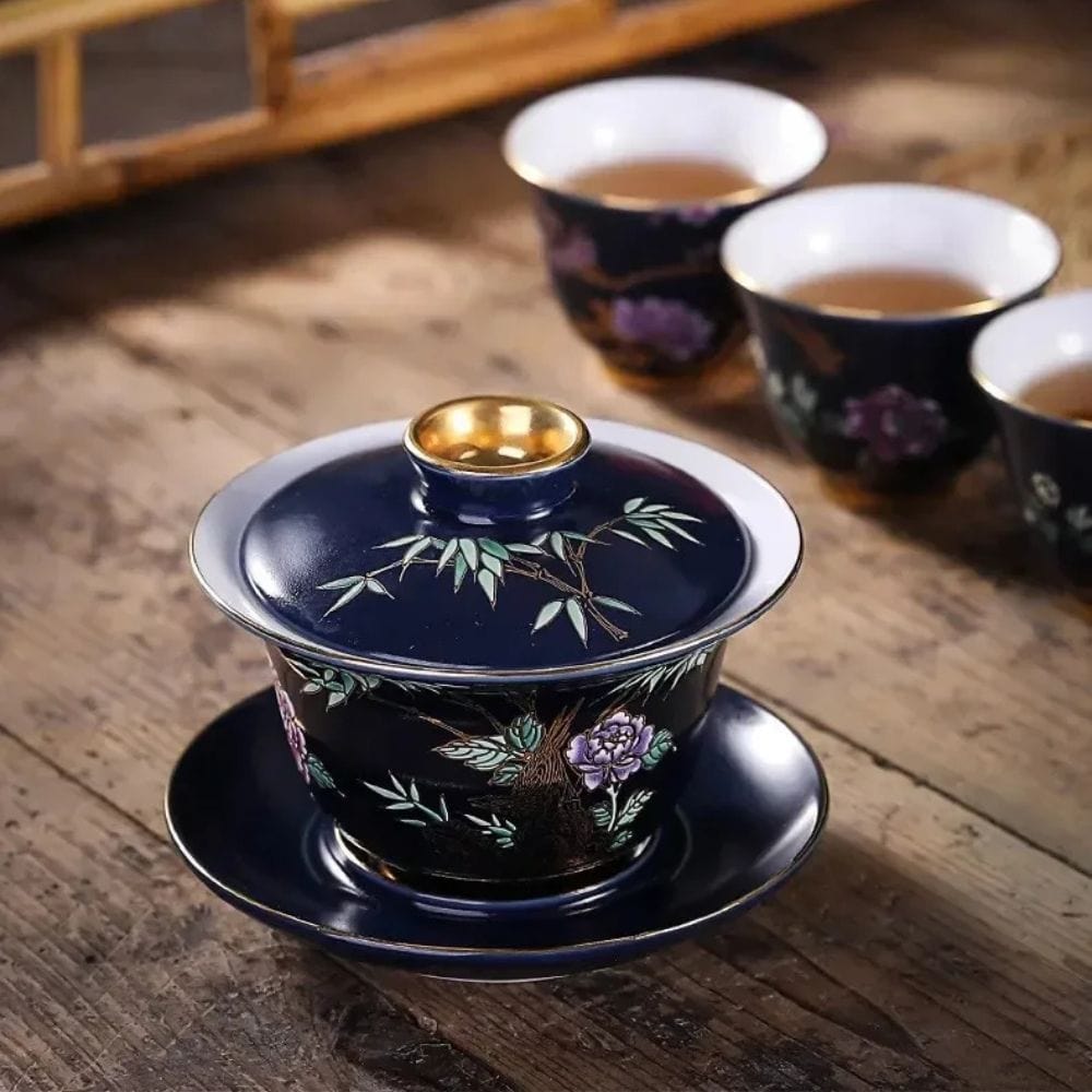 Tasse à thé en céramique dorée Gaiwan ou coffret 6 pièces