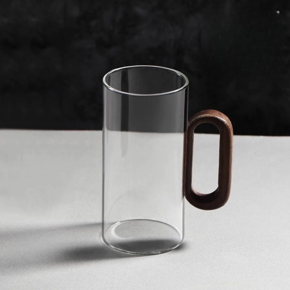 Tasse à thé en verre borosilicate avec anse bois 360 ml résistant