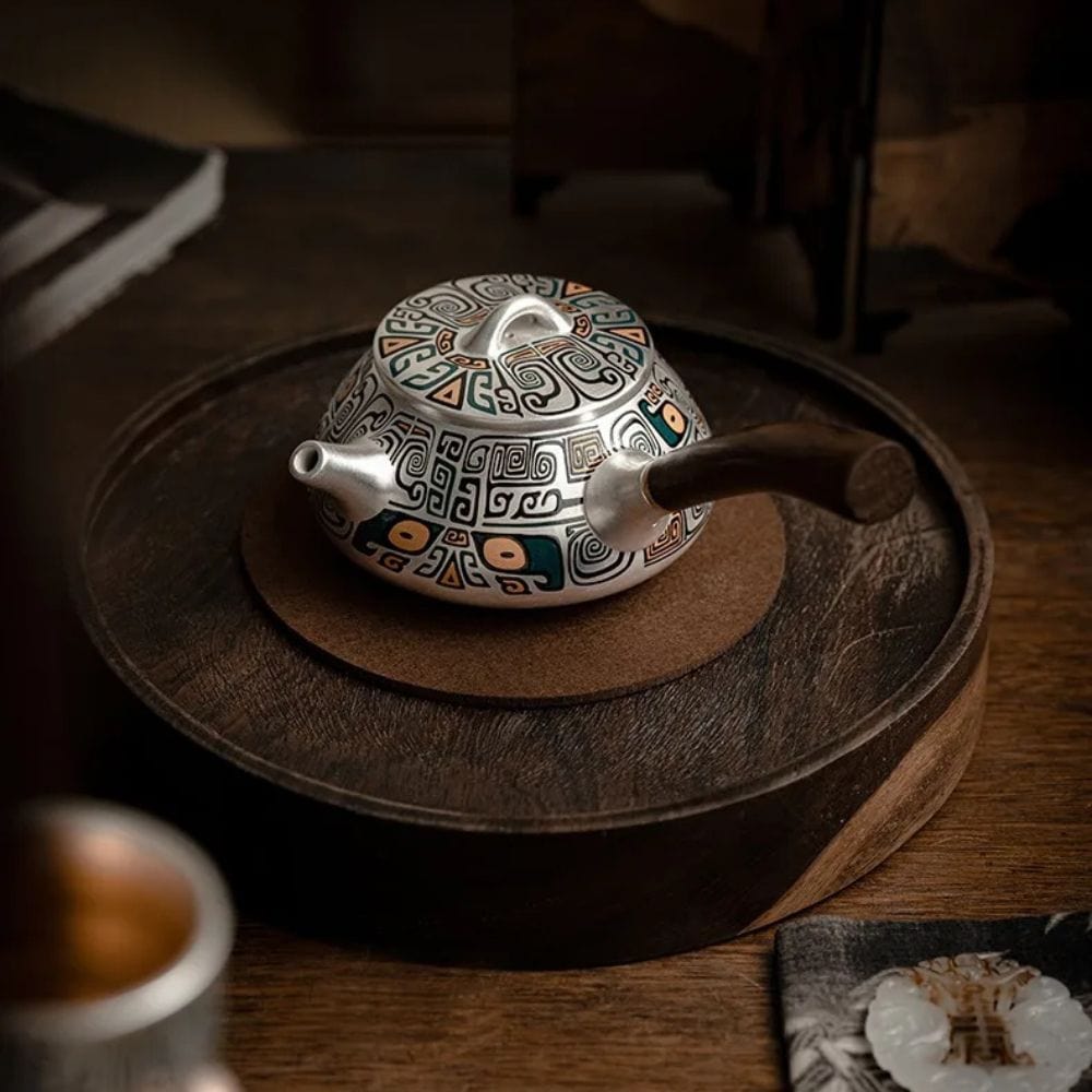 Théière artisanale en argent pur 999 300 ml avec manche latéral