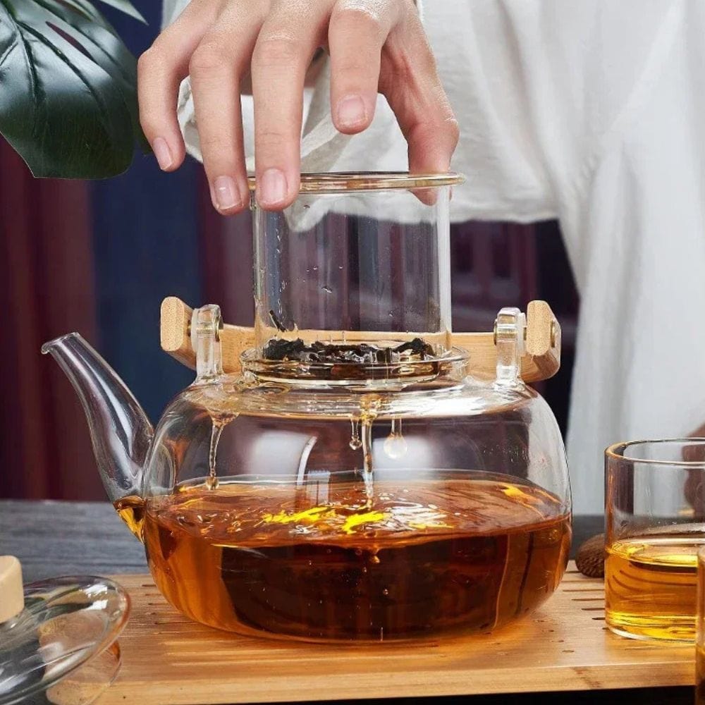 Théière en verre 1000 ml poignée bois & filtre intégré