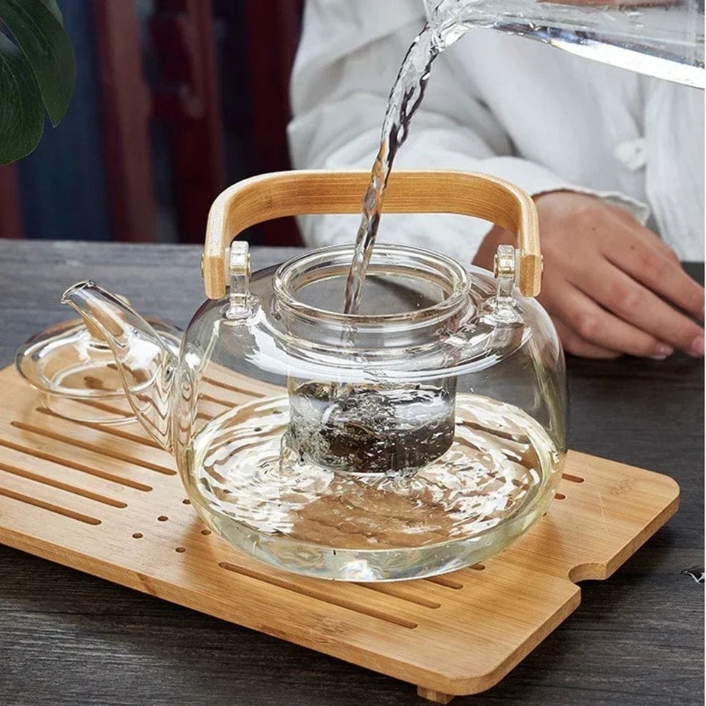 Théière en verre 1000 ml poignée bois & filtre intégré