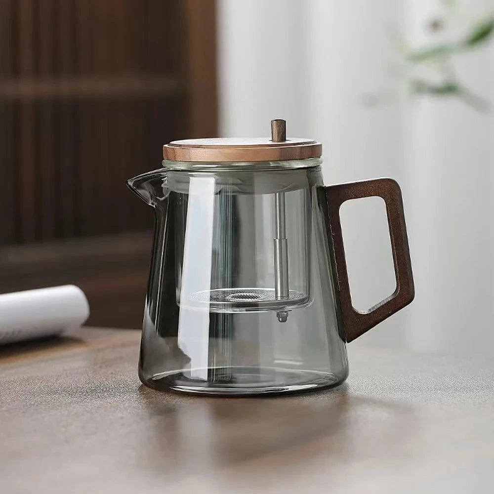 Théière en verre borosilicate 650 ml filtre inox & poignée bois