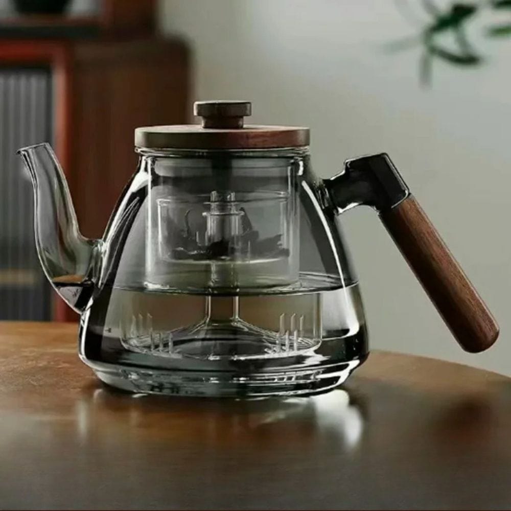 Théière en verre borosilicate avec poignée bois 1L