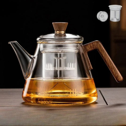 Théière en verre borosilicate avec poignée bois 1L