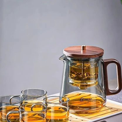 Théière en verre avec filtre amovible anse en noyer