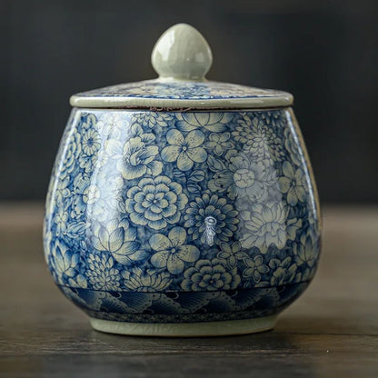 Boîte à thé en porcelaine craquelée style vintage bleu blanc