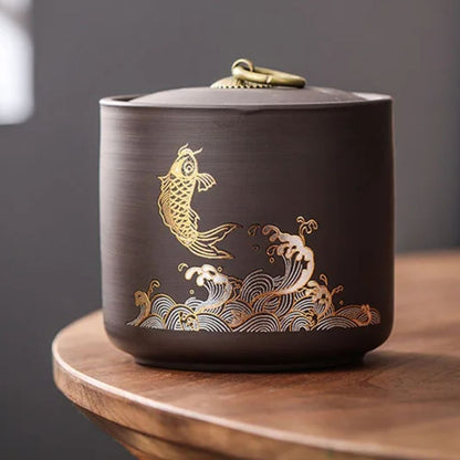 Boîte à thé en céramique animale motif poisson doré ou cerf