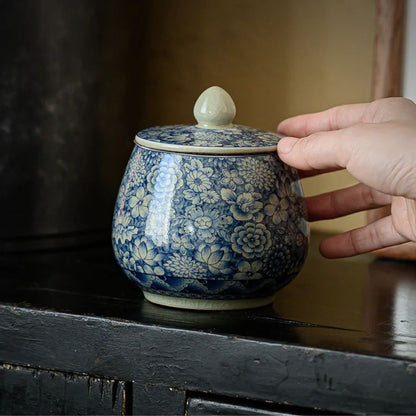 Boîte à thé en porcelaine craquelée style vintage bleu blanc