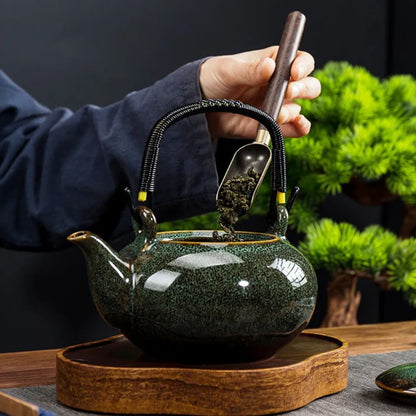 Théière en céramique Tianmu glaçure brillante anse levier